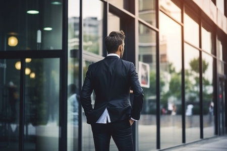 Tired of office life Rear view of man in formalwear walking away from his working place : Generative AIの素材