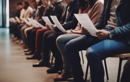 Waiting in line Cropped image of people in formalwear waiting in line while sitting at the chairs and holding papers in their hands : Generative AIの素材
