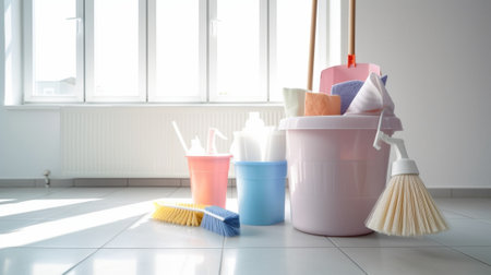Woman leaning at the bucket with cleaning products while sitting on the kitchen floor : Generative AIの素材