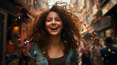 Celebrating happiness, young woman with big smile throwing confetti : Generative AIの素材