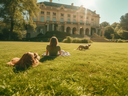 Nothing else but love Young modern couple lying on the grass with their dog while spending free time in the park : Generative AIの素材