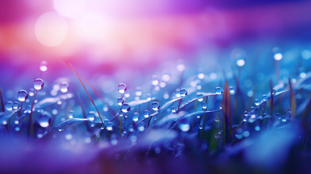 Beautiful large drops of morning dew in spring nature, selective focus. Drops transparent water on grass macro. Bright artistic image in blue and purple tones. : Generative AIの素材