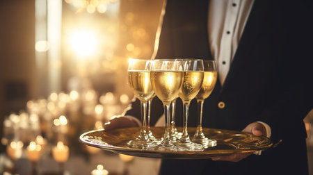 A waiter is holding a plate with sparkling wine to welcome people at an event. Glasses with champagne to toast. Drinks at a luxury party in a hotel. : Generative AIの素材