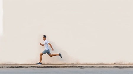 Hurrying to be in time Side view of happy young man holding bouquet of flowers while running in front of the concrete wall : Generative AIの素材