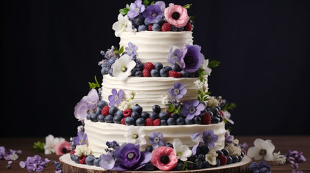 Cut wedding cake decorated with flowers, blueberry and blackberry : Generative AIの素材