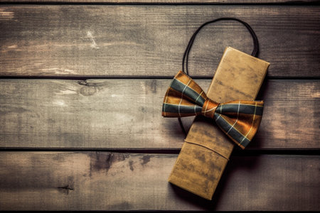 Mens day High angle shot of suspenders prop bow tie and eyewear lying on wooden desk : Generative AIの素材
