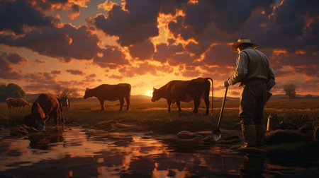 Mature farmers feeding cows on field at sunset : Generative AIの素材