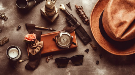 Pure elegance High angle shot of suspenders prop bow tie and eyewear lying on wooden desk : Generative AIの素材