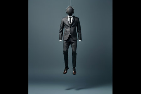 Man in midair Handsome young man in full suit and sunglasses jumping against grey background : Generative AIの素材