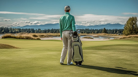 Ready to play Rear view of young happy golfer carrying golf bag with drivers and looking over shoulder while standing on golf course : Generative AIの素材