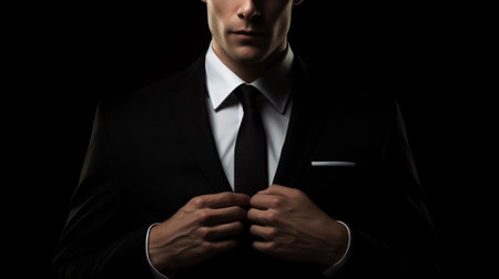 Now I am ready to party Handsome young man in shirt and tie adjusting his necktie and looking away while standing against black background : Generative AIの素材