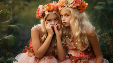 Two sweet blond sisters in evening colourful summer dresses and headbands telling secrets on the glade : Generative AIの素材