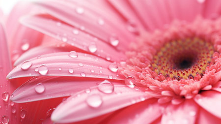 Pink flower petals with water drop close up. Macro photography of gerbera flower petals with dew. : Generative AIの素材