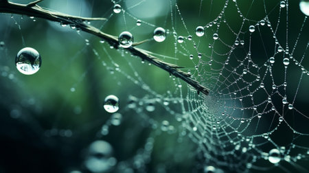 Dew drops hang in a spider web : Generative AIの素材