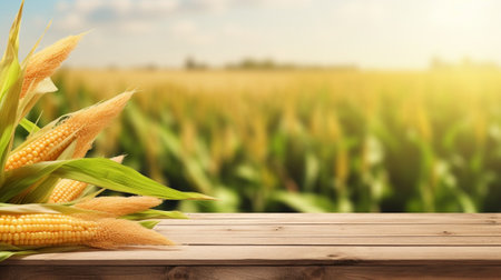 Sweet corn field and wooden table at Agriculture corn. A free space for your texts and branding. : Generative AIの素材