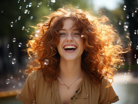 Portrait of beautiful cheerful redhead girl with flying curly hair smiling laughing looking at camera over white background. : Generative AIの素材