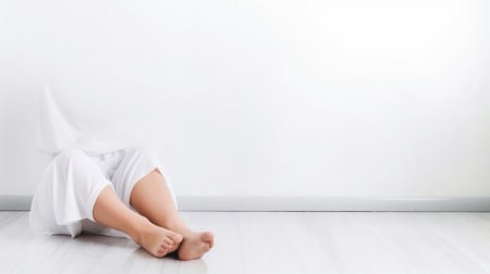 Perfect feet Cropped picture of a beautiful young woman touching legs while sitting against white background : Generative AIの素材