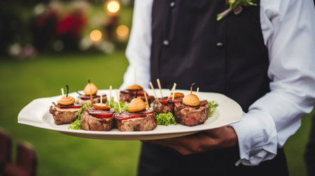 Waiter carrying plates with meat dish on some festive event, party or wedding reception : Generative AIの素材