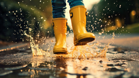 Feet of child in yellow rubber boots jumping over a puddle in the rain : Generative AIの素材
