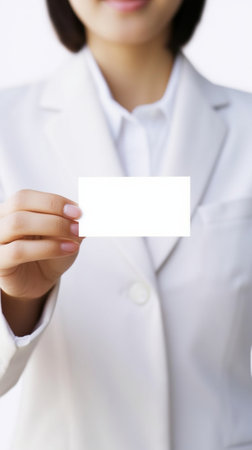 Woman showing her business card Attractive young Asian woman showing her business card and smiling while standing isolated on white : Generative AIの素材