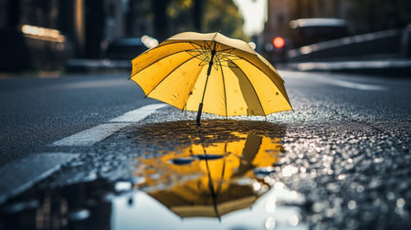 reflection umbrella in puddle, wet asphalt natural background. rainy weather season. flat lay. copy space : Generative AIの素材