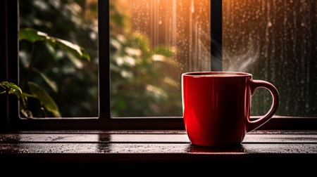 red mug of hot drink, when behind a window is rain / cozy home atmosphere : Generative AIの素材
