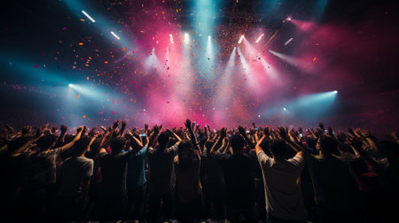 silhouettes of concert crowd in front of bright stage lights and confetti : Generative AIの素材