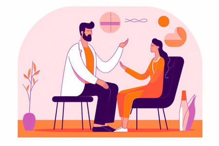 Thank you doctor Cheerful male psychiatrist shaking hand to beautiful young woman sitting close to him : Generative AIの素材