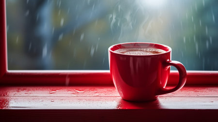 red mug of hot drink, when behind a window is rain / cozy home atmosphere : Generative AIの素材