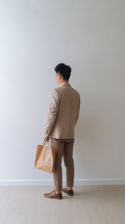 Playing with style Full length of handsome young African man in full suit carrying brown leather bag on his foot while standing against grey background : Generative AIの素材