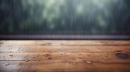 Wood table top on rain drops on clear window - can be used for display or montage your products : Generative AIの素材