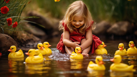 Little cute blond girl in red rubber boots, squared shirt and jeans shorts playing with yellow ducks on a spring glade : Generative AIの素材