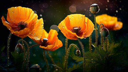 poppies (papaver),seed pods with dew drops,yellow summer flowers glow in the background : Generative AIの素材