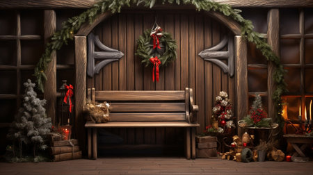 The wooden porch of the store decorated with Christmas decoration with a wreath on the door and dwarves on the bench. Copy space. High quality photo : Generative AIの素材