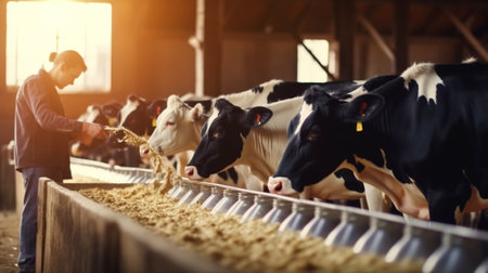 Healthy dairy cows feeding on fodder standing in row of stables in cattle farm barn with worker adding food for animals in blurred background. Concept of farming business : Generative AIの素材