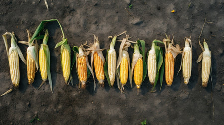 Top view of raw ripe corns with green husks placed in row on ground in farm in daytime : Generative AIの素材