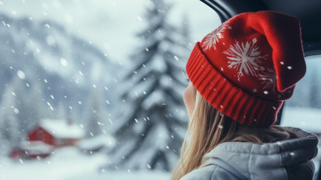 Woman in red winter overalls and Santa cap looking out the car's window and enjoying snowing mountains view. Focus is at the hat. Copy space. : Generative AIの素材