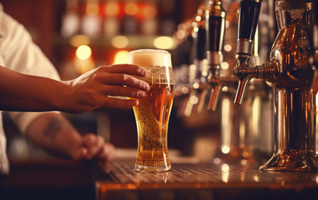 Pouring fresh beer Closeup of young bartender pouring beer while standing at the bar counter : Generative AIの素材