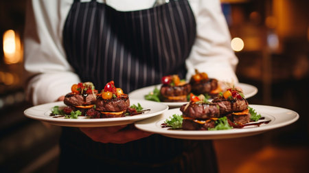 Waiter carrying plates with meat dish on some festive event, party or wedding reception : Generative AIの素材