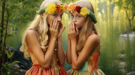 Two sweet blond sisters in evening colourful summer dresses and headbands telling secrets on the glade : Generative AIの素材