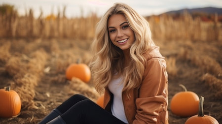 Beautiful young woman with blond hair in leather jacket sitting on a pumpkin's field and smile. Autumn background. . High quality photo : Generative AIの素材