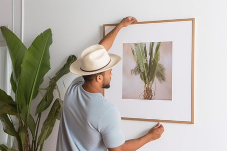 Man hanging picture frame Cheerful young black man hanging picture frame and smiling at camera : Generative AIの素材