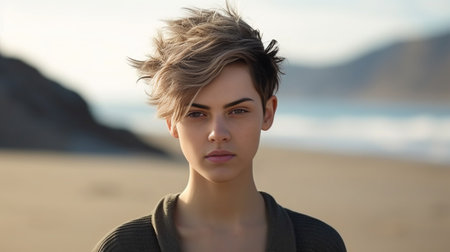 An androgynous woman with short hair on a sandy beach. High quality photo : Generative AIの素材