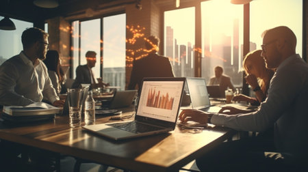 Team work process. Young business crew in big loft office. Laptop with graph, analysing marketing. Film effect, blurry background, lens flare effect : Generative AIの素材