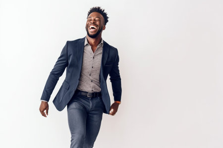 Like a king Handsome young African man in crown and smart casual jacket looking at camera and smiling standing against grey background : Generative AIの素材