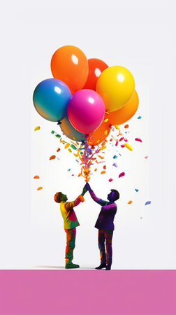 Love in all the colors of rainbows Funky young couple holding balloons while jumping against white background : Generative AIの素材