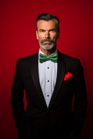 Perfect style Closeup of handsome mature man in formalwear adjusting his bow tie while standing against grey background : Generative AIの素材