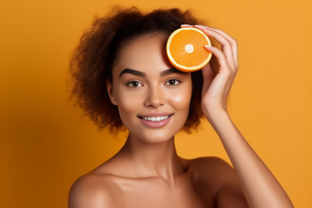 Healthy eating makes you beautiful Attractive young woman with freckles on face holding orange slice and smiling while standing against background : Generative AIの素材