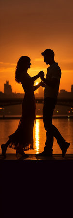 Sunset dance Beautiful young couple holding hands and spinning while dancing on the bridge : Generative AIの素材