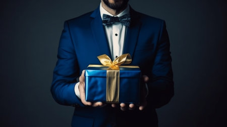 I have something for you Handsome young man in full suit carrying a gift box and smiling while standing against grey background : Generative AIの素材